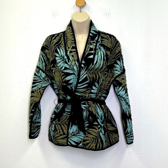 H&M - Tropical Black & Green Quilted Tie Waist Open Long Sleeve Cardigan Size 6 - Picture 3 of 10